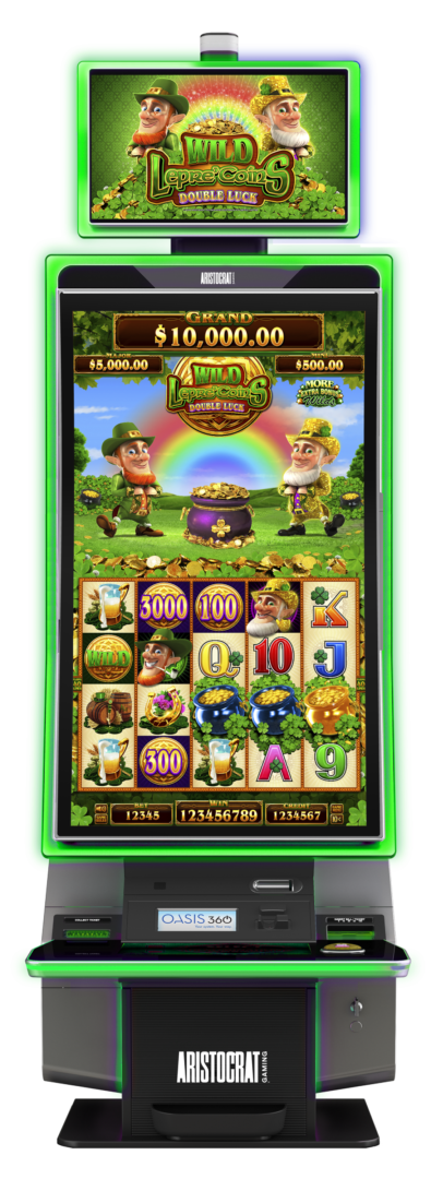 A slot machine with leprechaun and pot of gold.