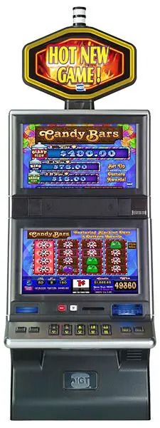A slot machine that has candy bars on it.