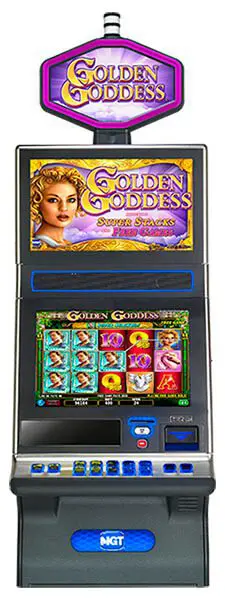 A slot machine with the golden goddess screen on it.