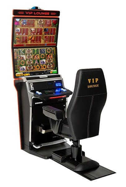 A gaming machine with a seat and a large screen.